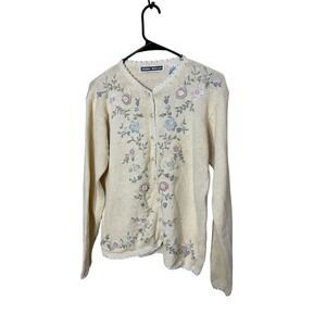 Debbie Morgan Womens Sweater Cardigan yellow Floral Embroidered Lace Trim Size S